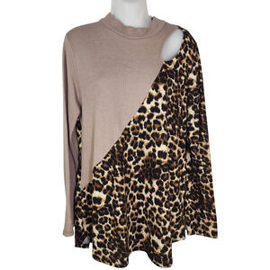 Celeste Top Women XL Half Leopard Animal Print Casual Cutout Long Sleeve Tan